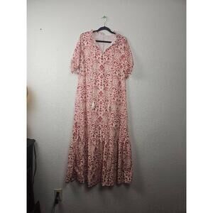 NWT Cream Pink Bohemian Paisley Maxi Dress Elbow-Length Tiered Medium